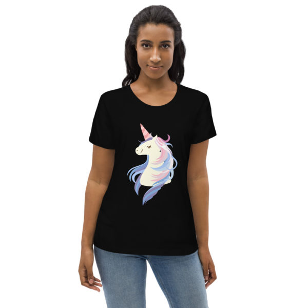 womens-fitted-eco-tee-black-front-2-60576dd2e382f.jpg T-Shirt für Damen Einhorn – Bild 3