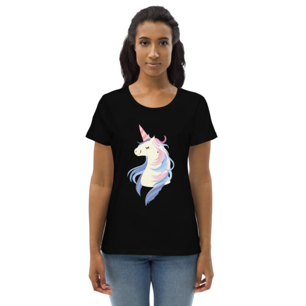 womens-fitted-eco-tee-black-front-60576dd2e3792.jpg T-Shirt für Damen Einhorn – Bild 2