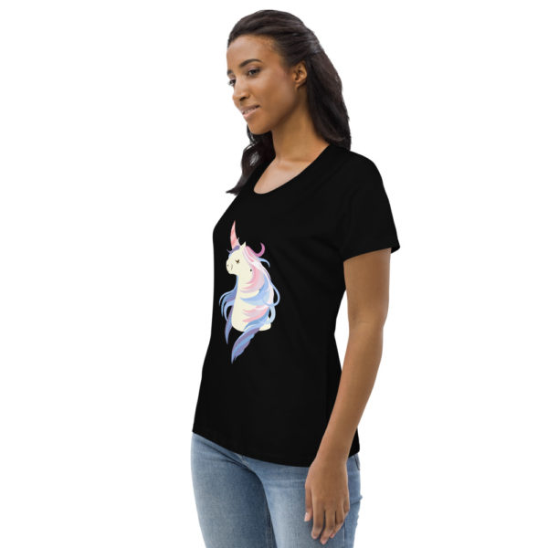 womens-fitted-eco-tee-black-left-front-60576dd2e3892.jpg T-Shirt für Damen Einhorn – Bild 4