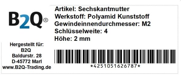Sechskantmutter Mutter M2 Polyamid Kunststoff 10 Stück (0057)